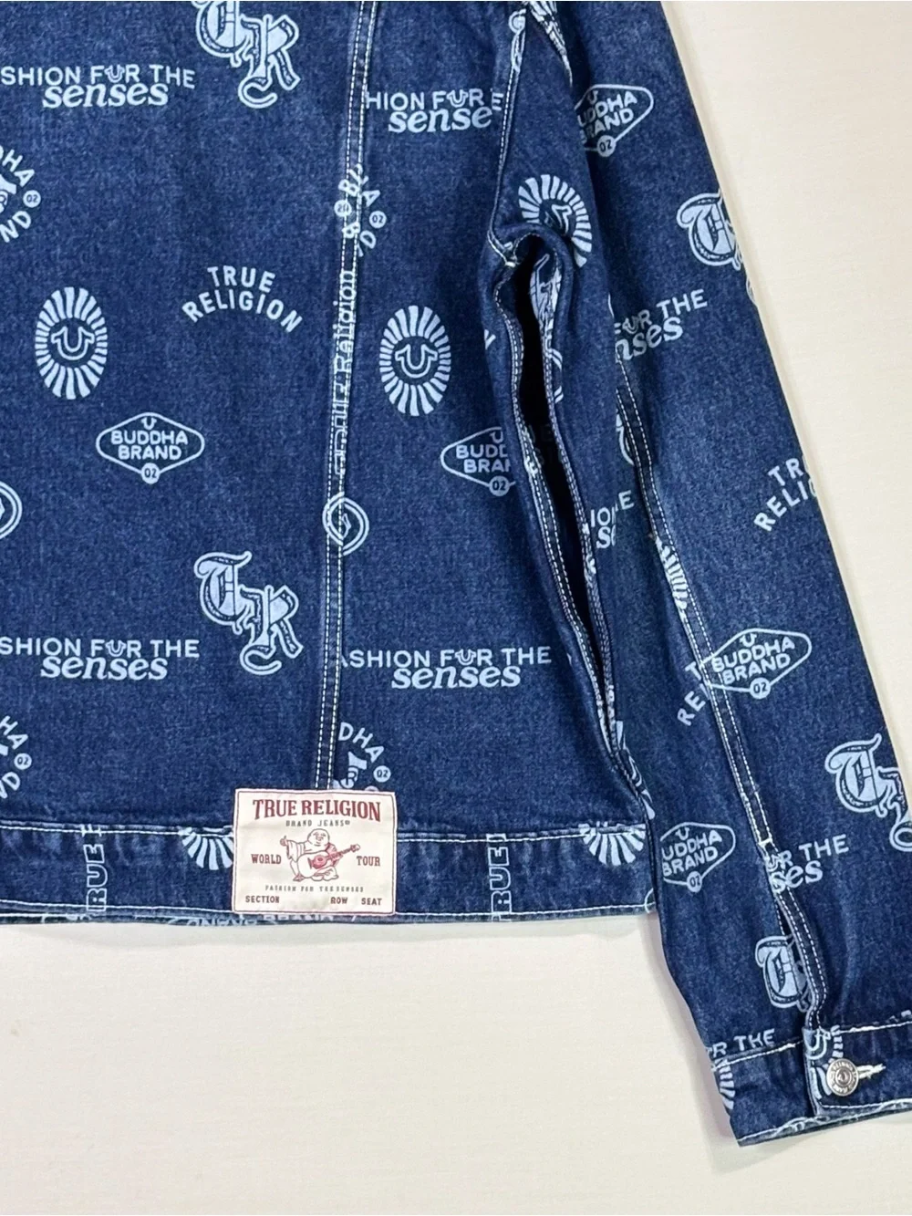 True Religion AOP Logo Denim Jacket World Tour Trucker Blue Large